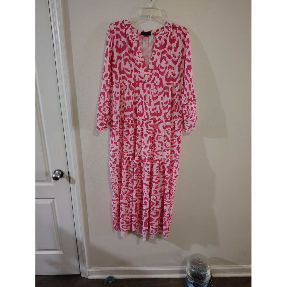 Fashion Pink Leopard Print Tiered Maxi Dress Long Sleeve Split V-Neck Large